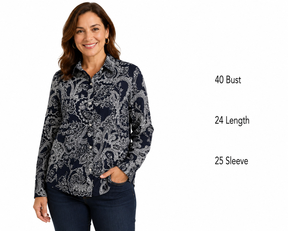 Lauren Ralph Lauren Womens Navy Floral Button Up Long Sleeve Shirt Top sz M